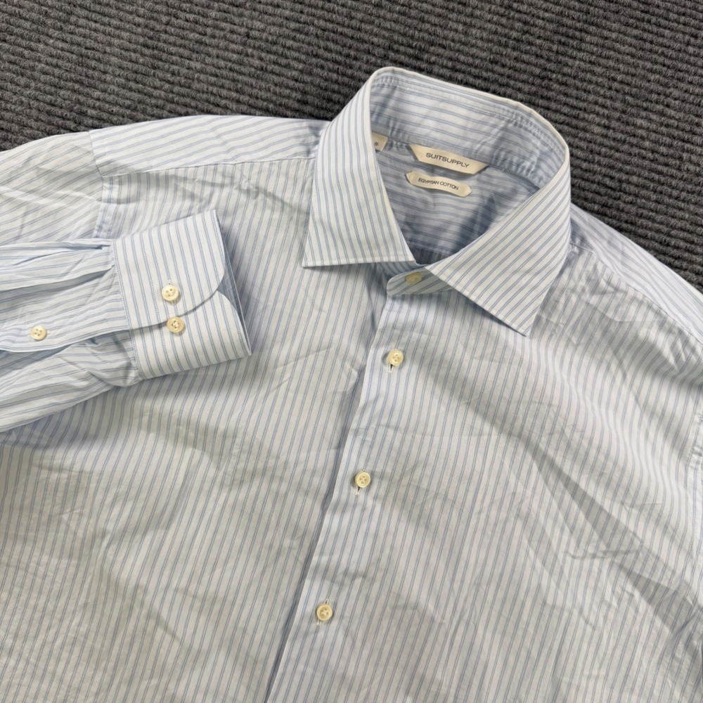 Suitsupply Slim Fit Blue White Striped Albini Egyptian Cotton Shirt Mens 17 43